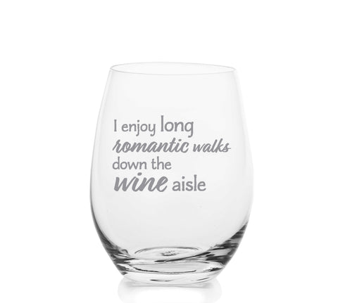 Romantic Walks Down The Wine Aisle engraved stemless wine glass