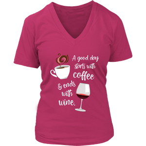 A Good Day Starts with Coffee & Ends With Wine - V-Neck Tee - Lushy Wino