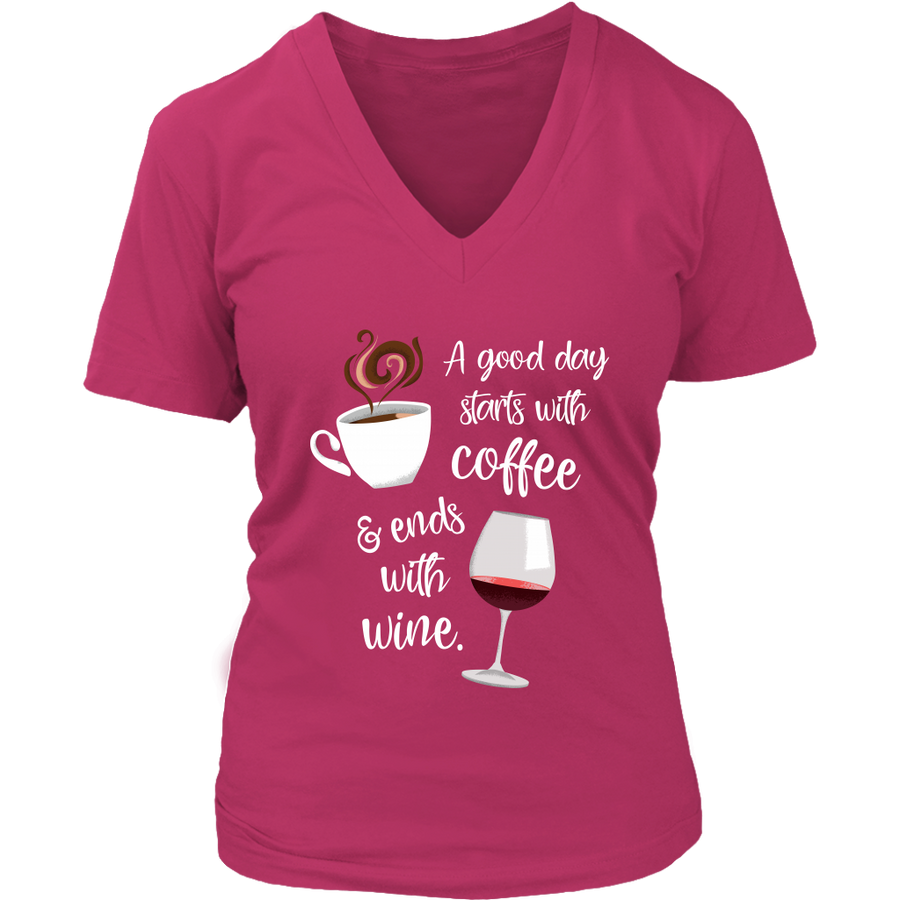 A Good Day Starts with Coffee & Ends With Wine - V-Neck Tee - Lushy Wino