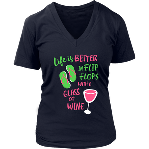 Life is Better in Flip Flops with a Glass of Wine - V-Neck Tee - Lushy Wino