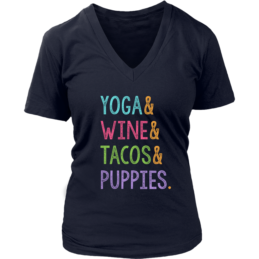 Yoga & Wine & Tacos & Puppies - V-Neck - Lushy Wino